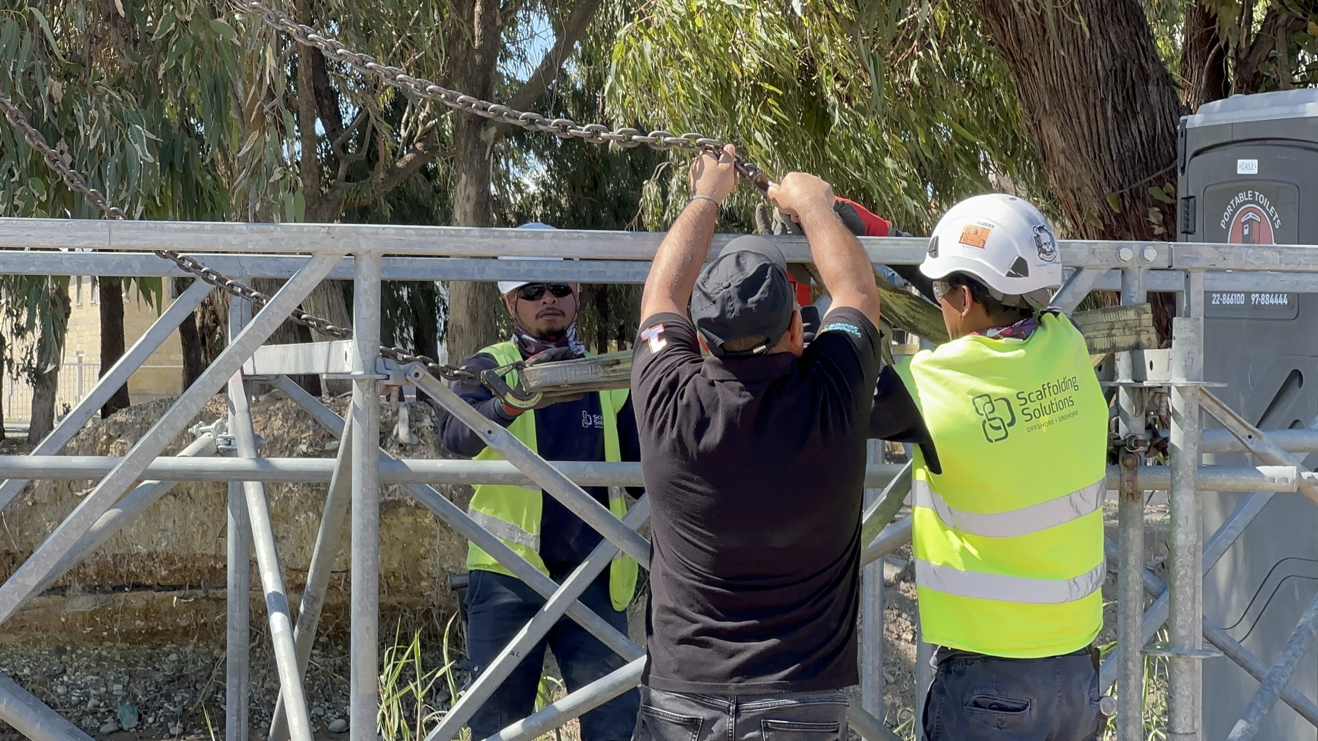 Scaffolding Solutions team working on the bridge framework during installation